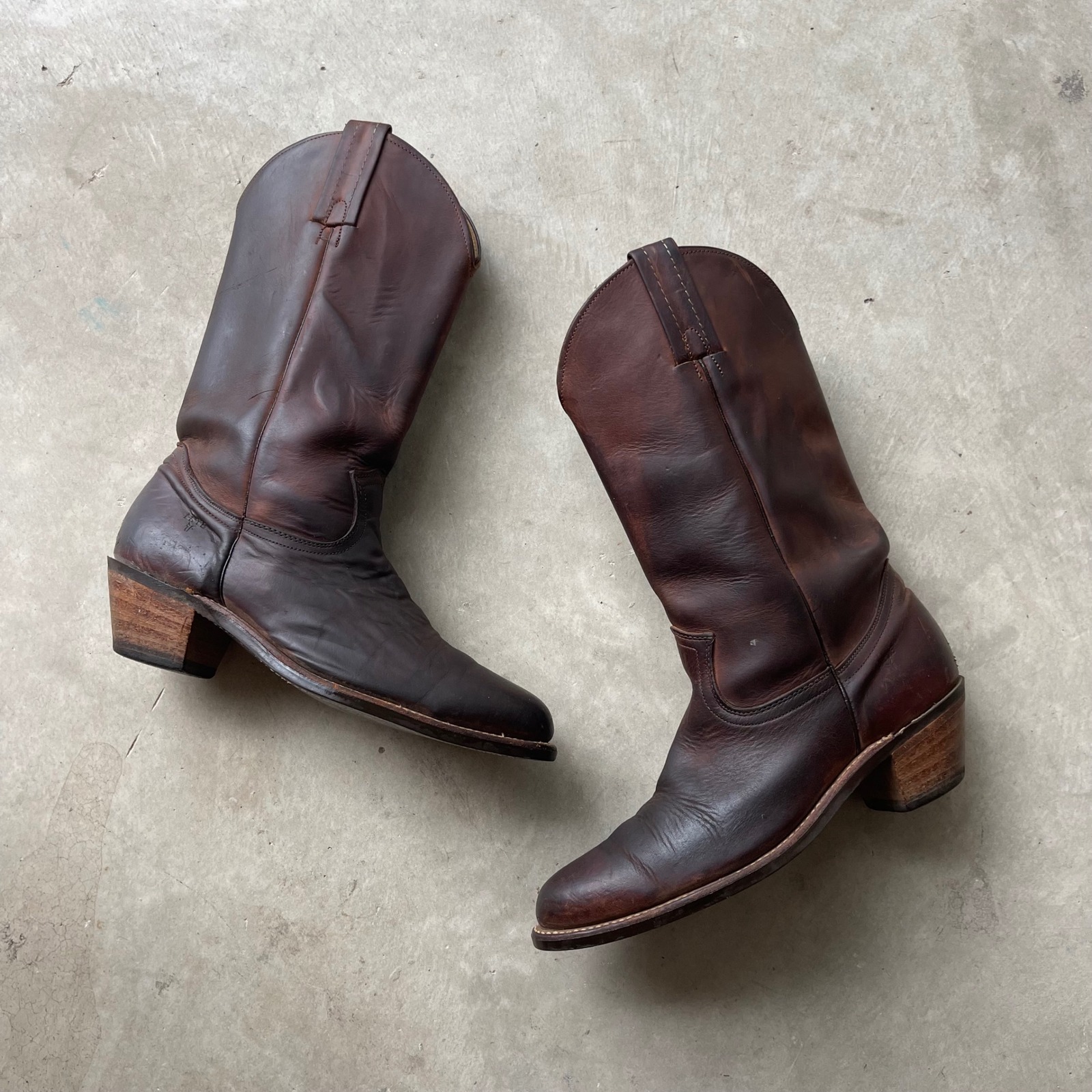 Vintage Frye Mens Brown Leather Western Cowboy Boots Pointed Toe Tall Pull On